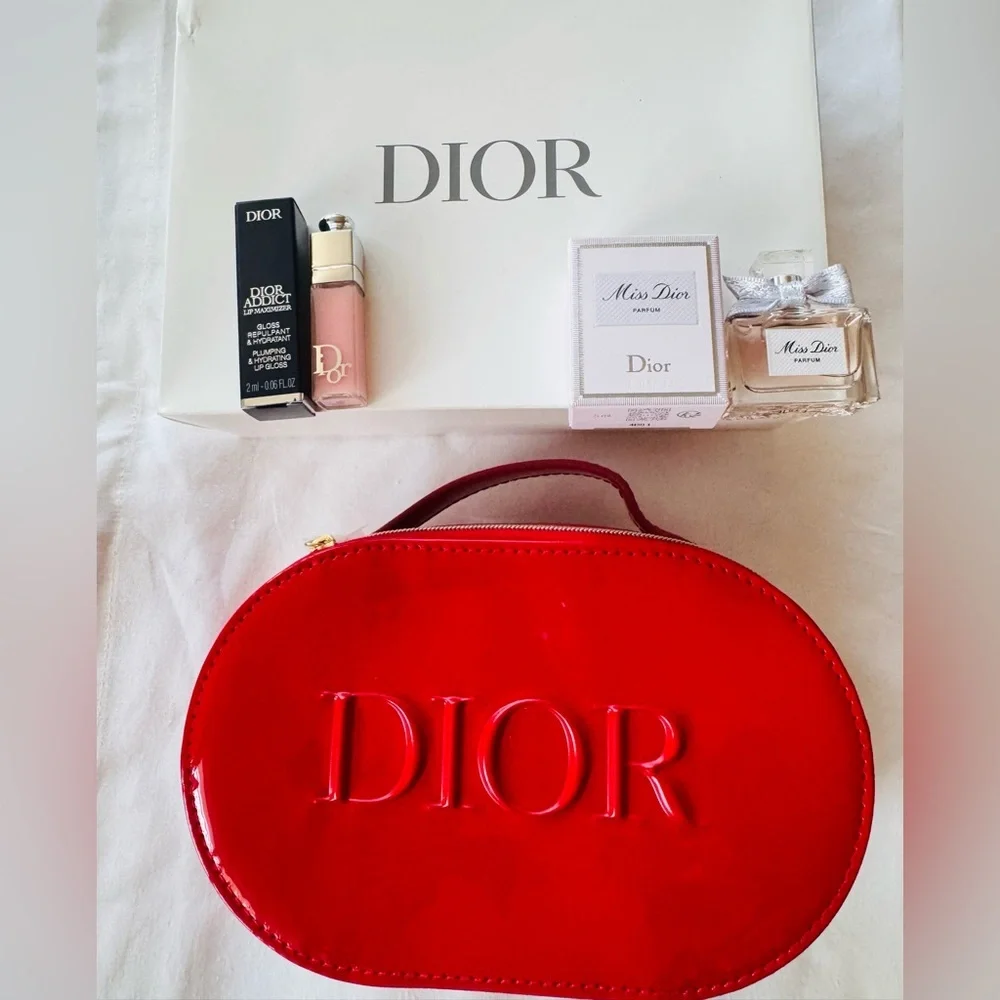 Dior Red Patent leather like vanity bag w/ top handle, lippie, Miss Dior mini